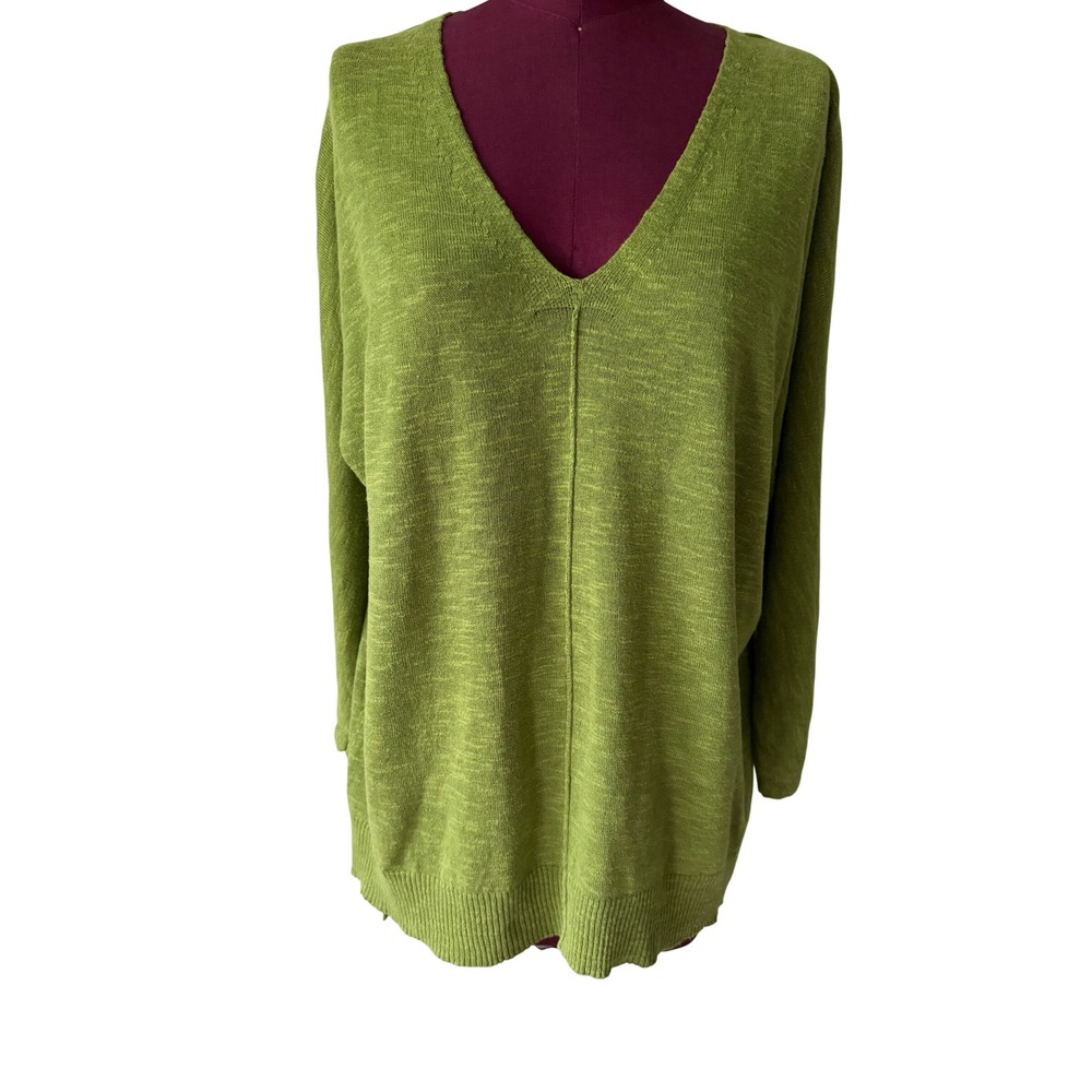 Eileen Fisher Top Tunic Sweater Linen Cotton V-Neck Green Small
